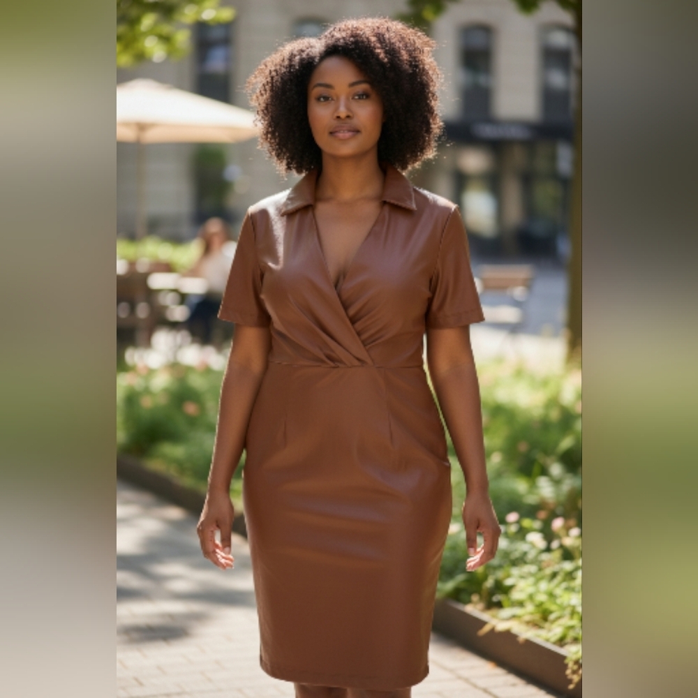 Nine West Brown Faux-Leather Wrap Midi Dress